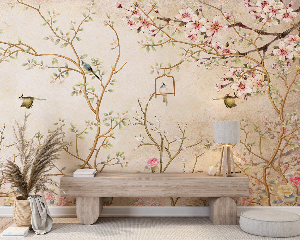 Beige Chinoiserie Magnolia Tree Branches and Birds Peel and Stick Wall Mural - CH007