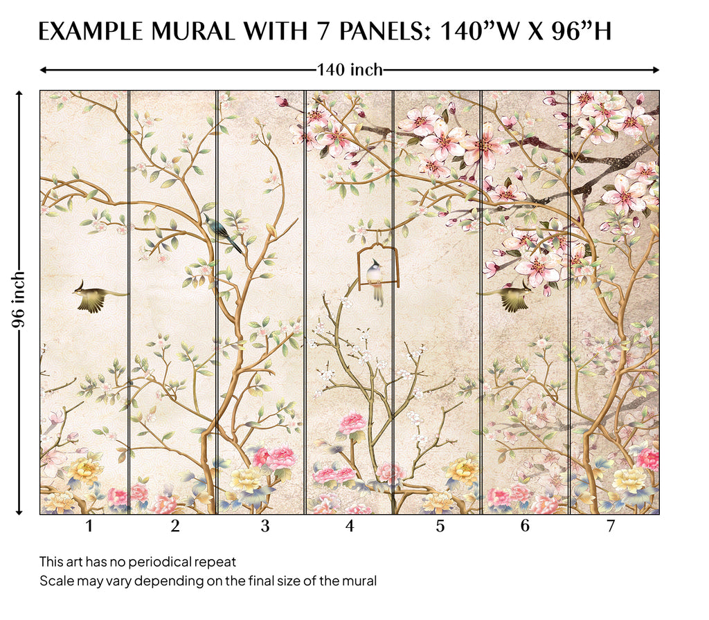 Beige Chinoiserie Magnolia Tree Branches and Birds Peel and Stick Wall Mural - CH007