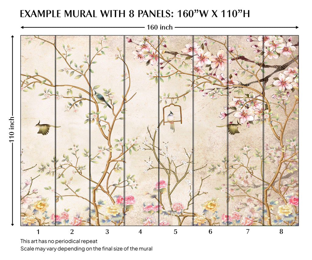 Beige Chinoiserie Magnolia Tree Branches and Birds Peel and Stick Wall Mural - CH007