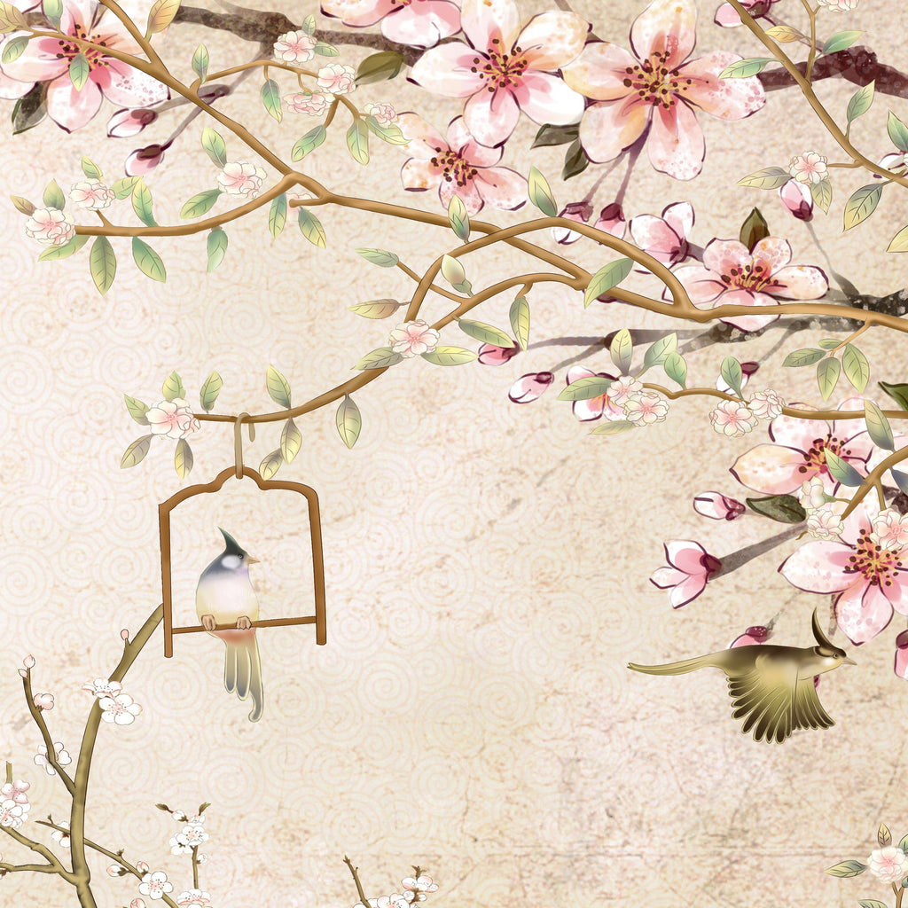 Beige Chinoiserie Magnolia Tree Branches and Birds Peel and Stick Wall Mural - CH007