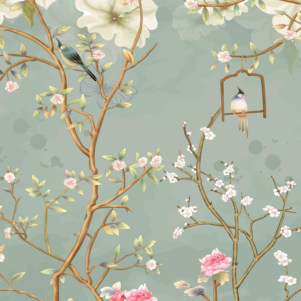 Green Chinoiserie Magnolia Tree Branches and Birds Peel and Stick Wall Mural - CH008