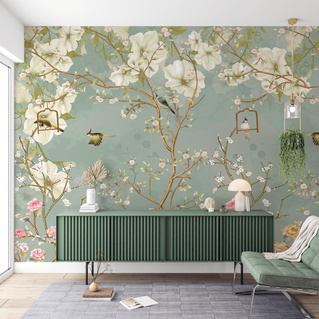Green Chinoiserie Magnolia Tree Branches and Birds Peel and Stick Wall Mural - CH008