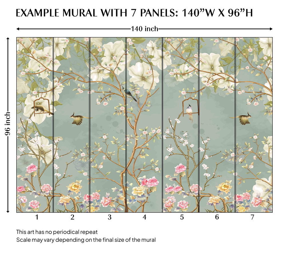 Green Chinoiserie Magnolia Tree Branches and Birds Peel and Stick Wall Mural - CH008
