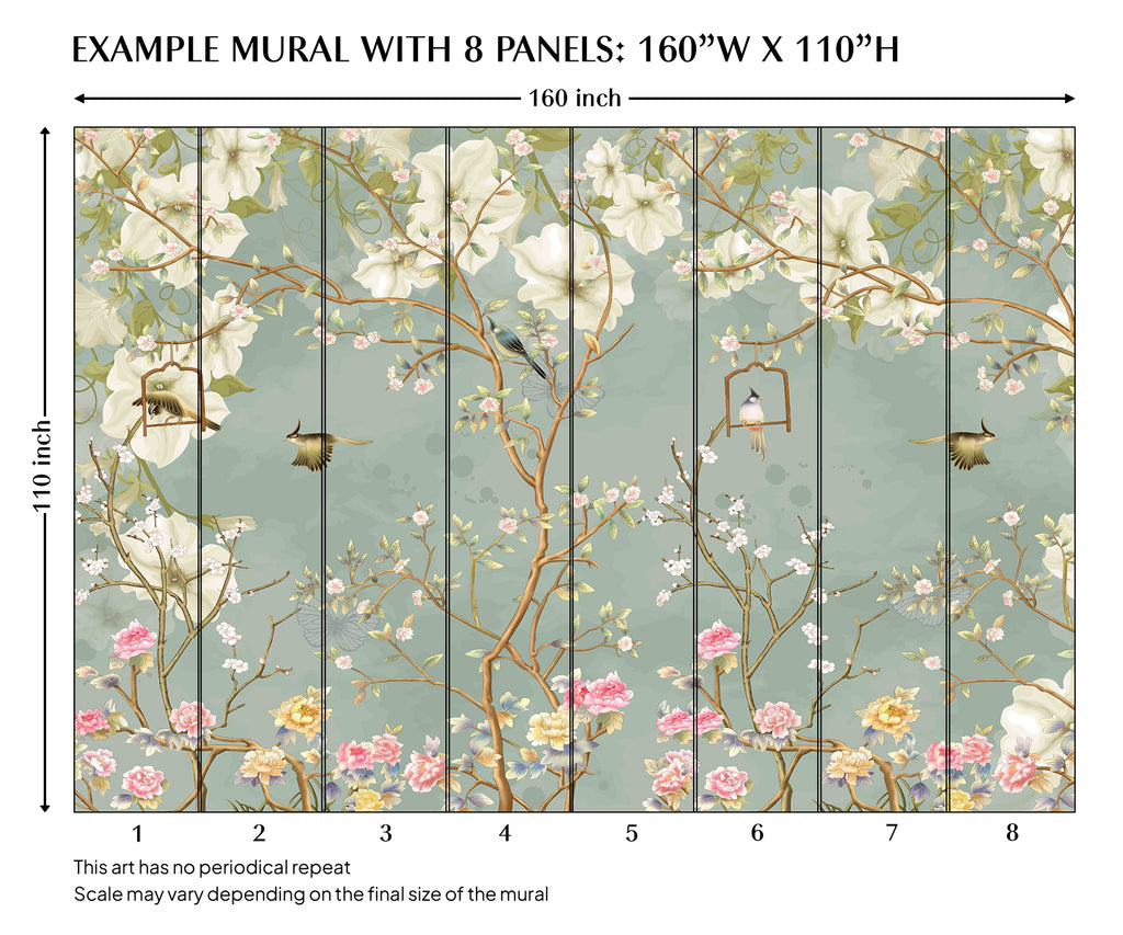 Green Chinoiserie Magnolia Tree Branches and Birds Peel and Stick Wall Mural - CH008