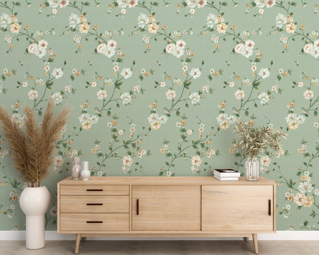 Green Chinoiserie Flowers Peel and Stick Wall Mural - CH009