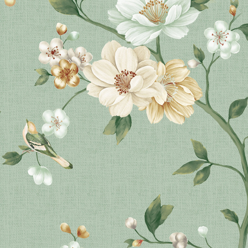 Green Chinoiserie Flowers Peel and Stick Wall Mural - CH009