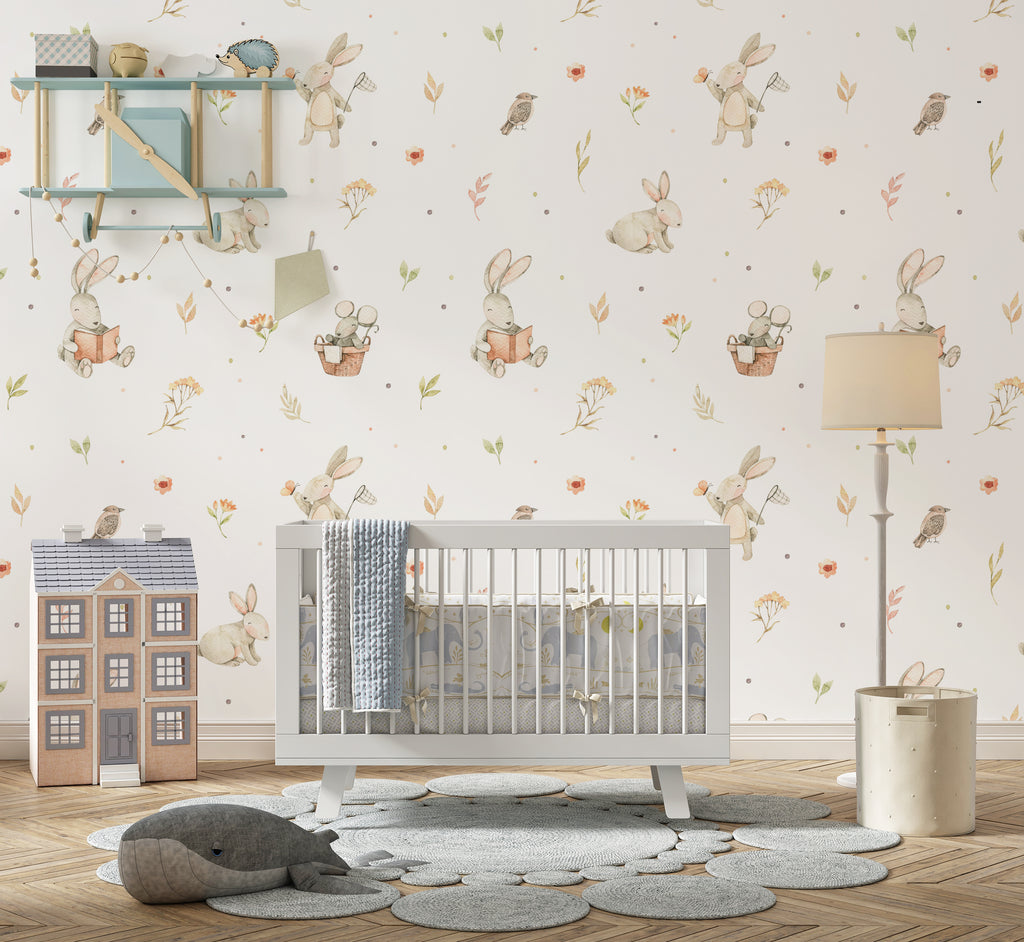 Watercolor Baby Bunnies Peel and Stick Wallpaper