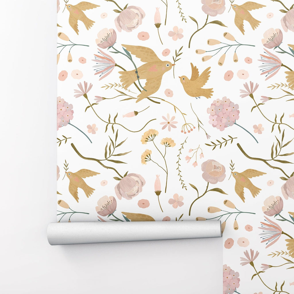 Boho Garden with Birds Flowers Peel and Stick Wallpaper