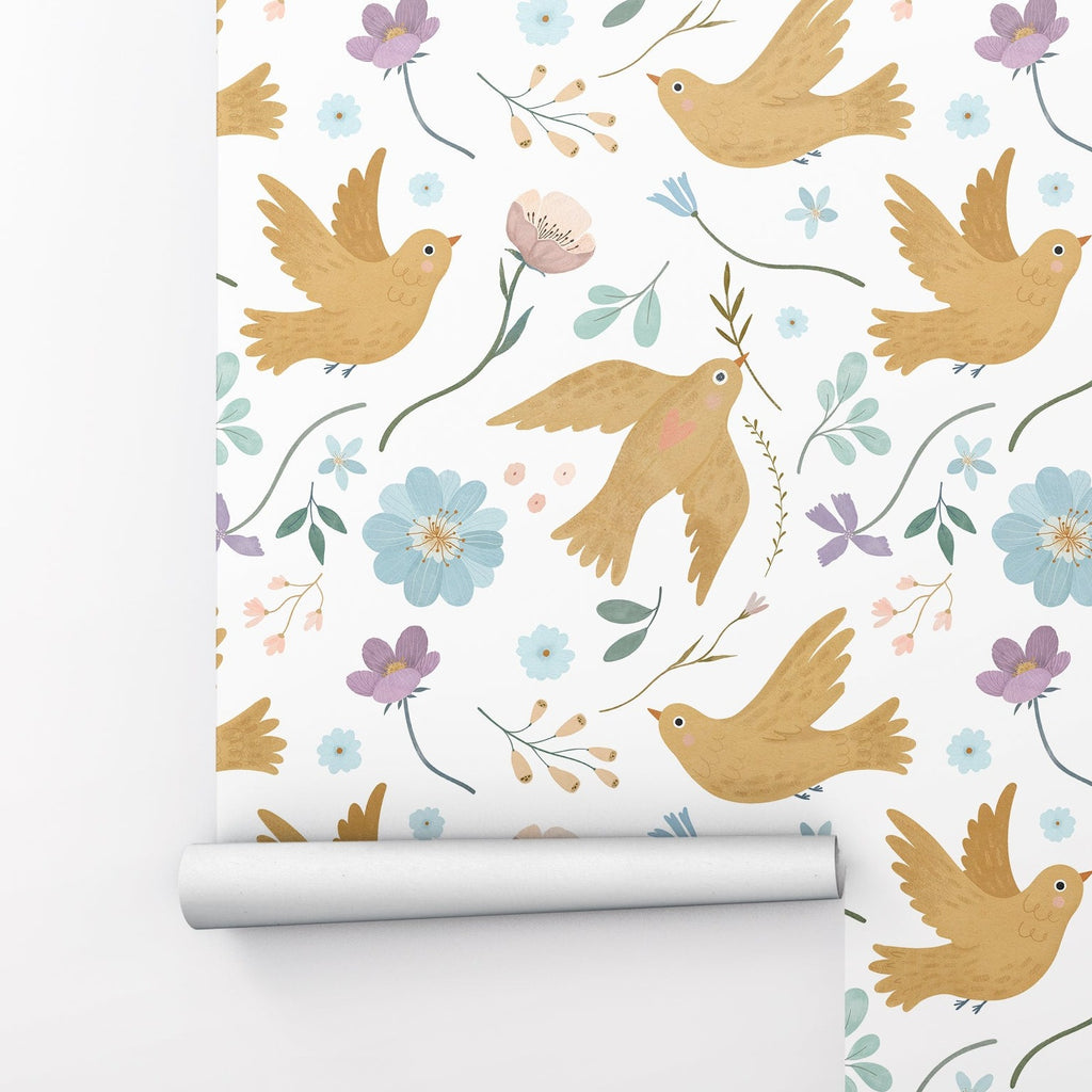 Beige Garden with Birds and Flowers Peel and Stick Wallpaper