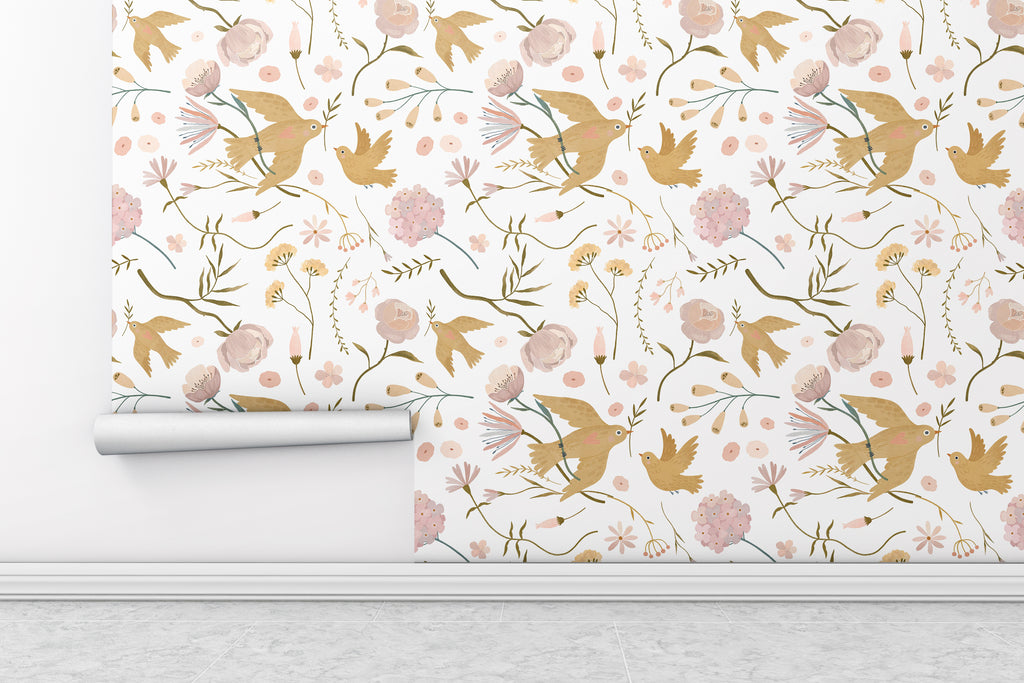 Boho Garden with Birds Flowers Peel and Stick Wallpaper