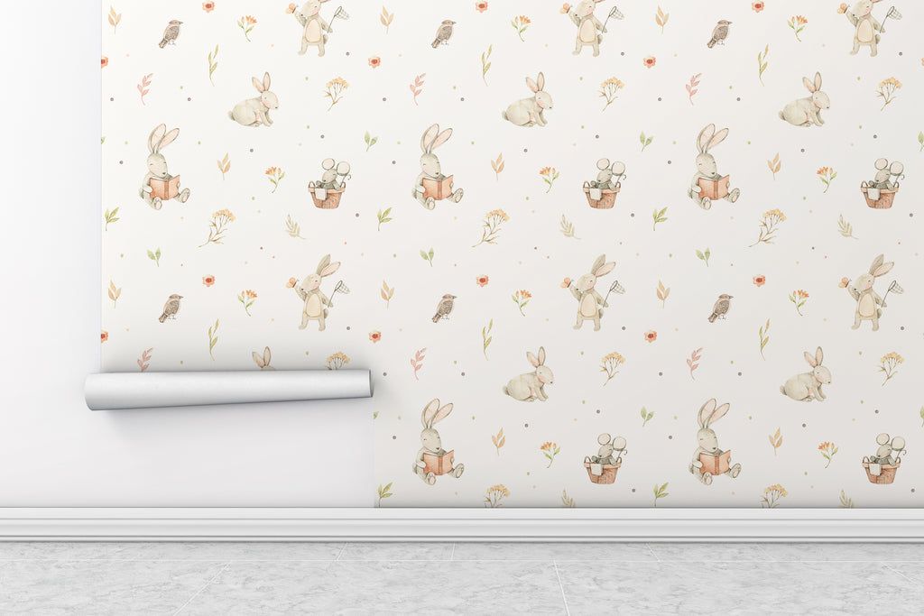 Watercolor Baby Bunnies Peel and Stick Wallpaper