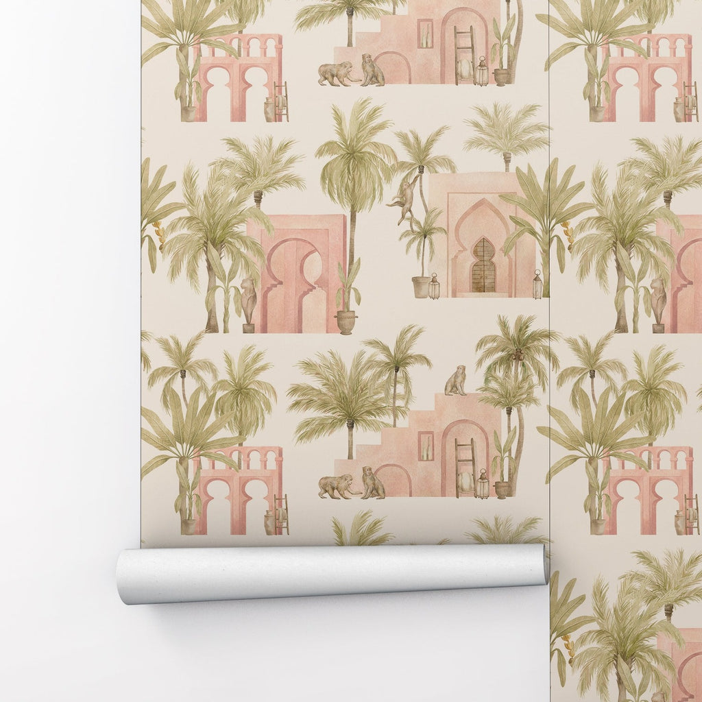 Watercolor Tropical Palm Tree and Architecture Peel and Stick Wallpaper
